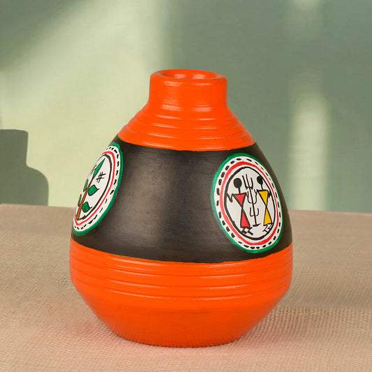 Terracotta Handpainted Flower Vase ( Diameter - 9 cm , Height - 10 cm, Orange , Black)