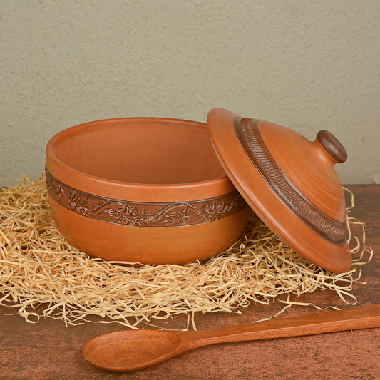 Handcrafted Ornately Designed Earthenware Bowl with Lid (Brown, 1.80 Litre)