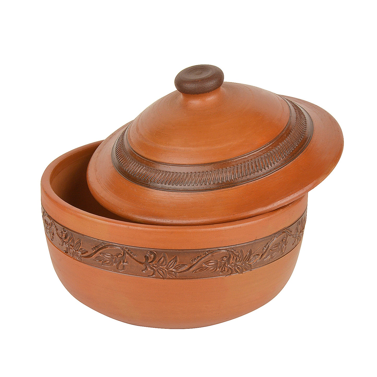Handcrafted Ornately Designed Earthenware Bowl with Lid (Brown, 1.80 Litre)