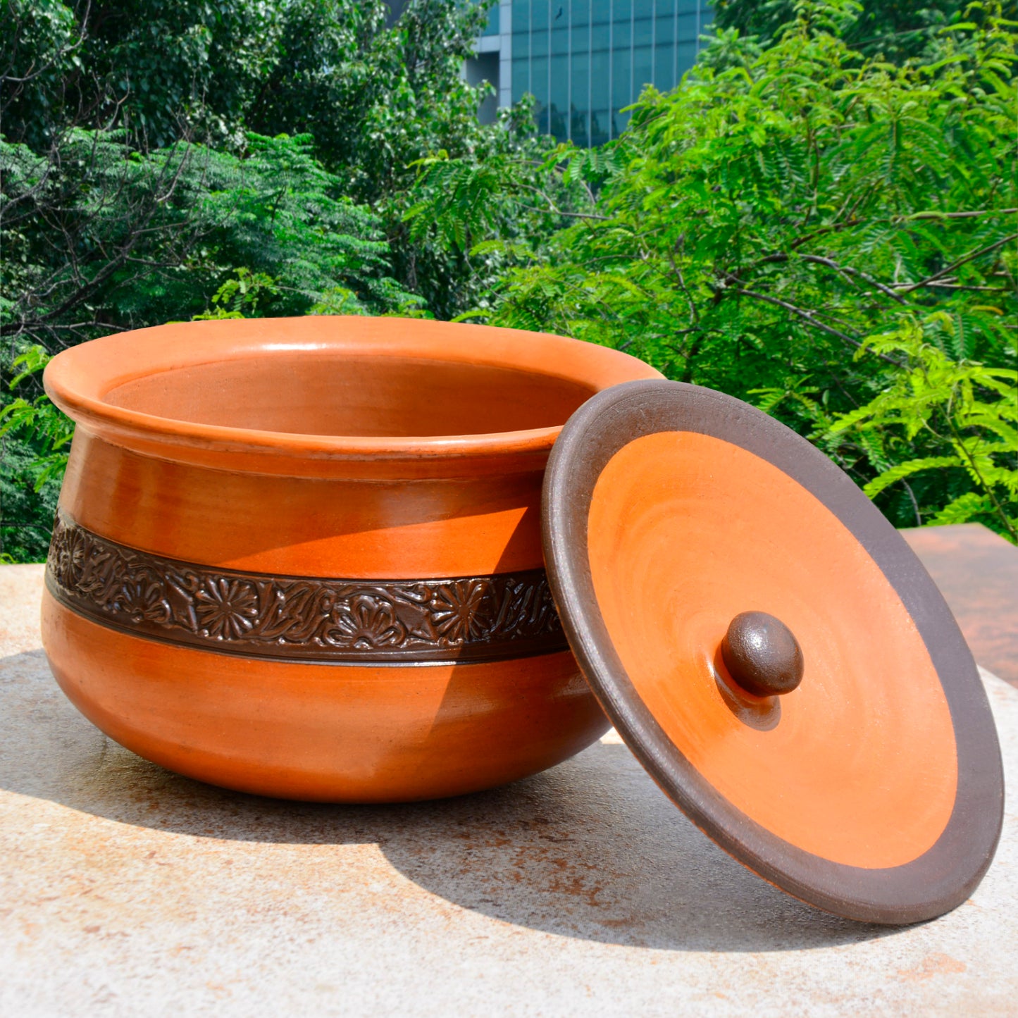 Handcrafted Ornately Designed Earthenware Handi with Lid (Brown, 1.5 Litre)