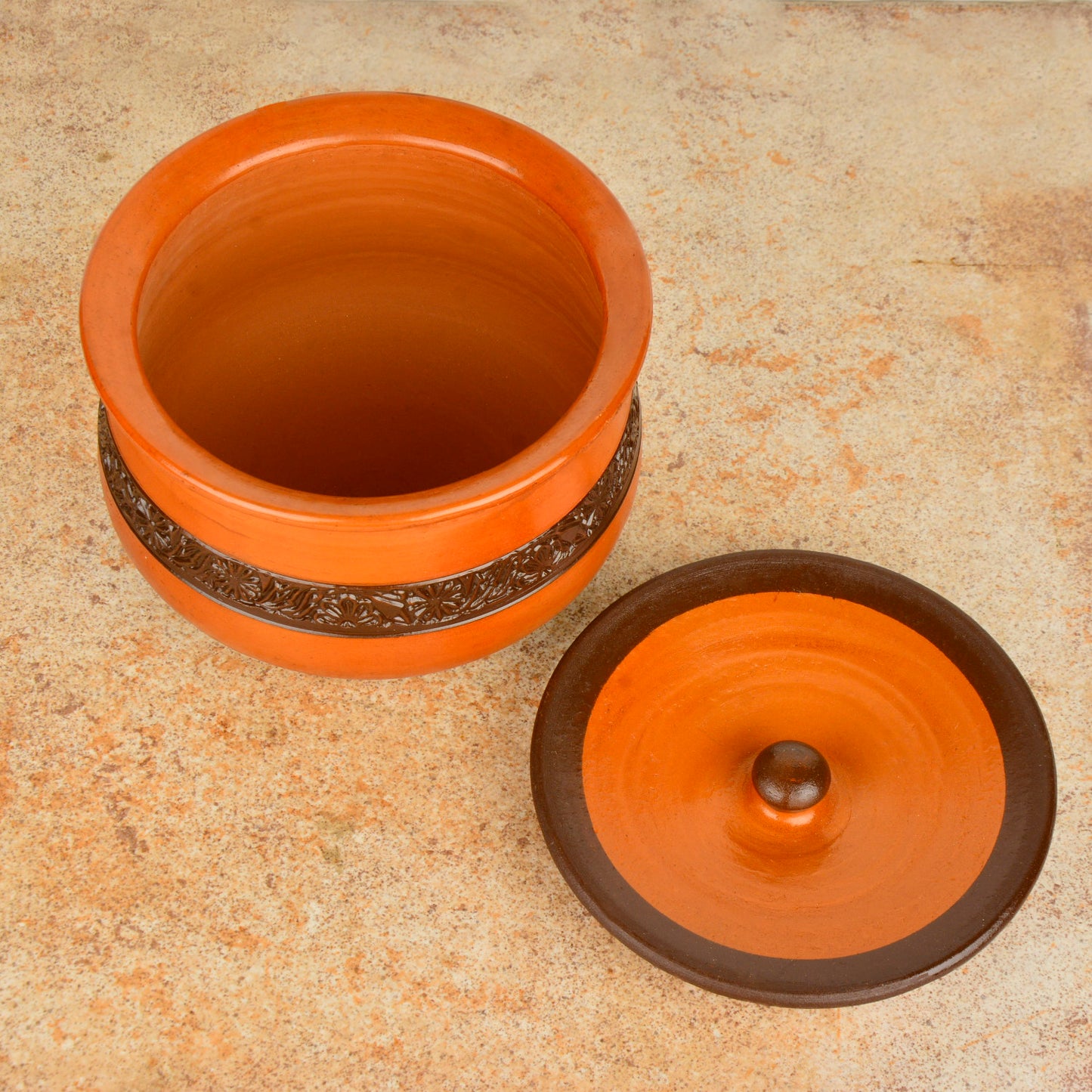 Handcrafted Ornately Designed Earthenware Handi with Lid (Brown, 1.5 Litre)