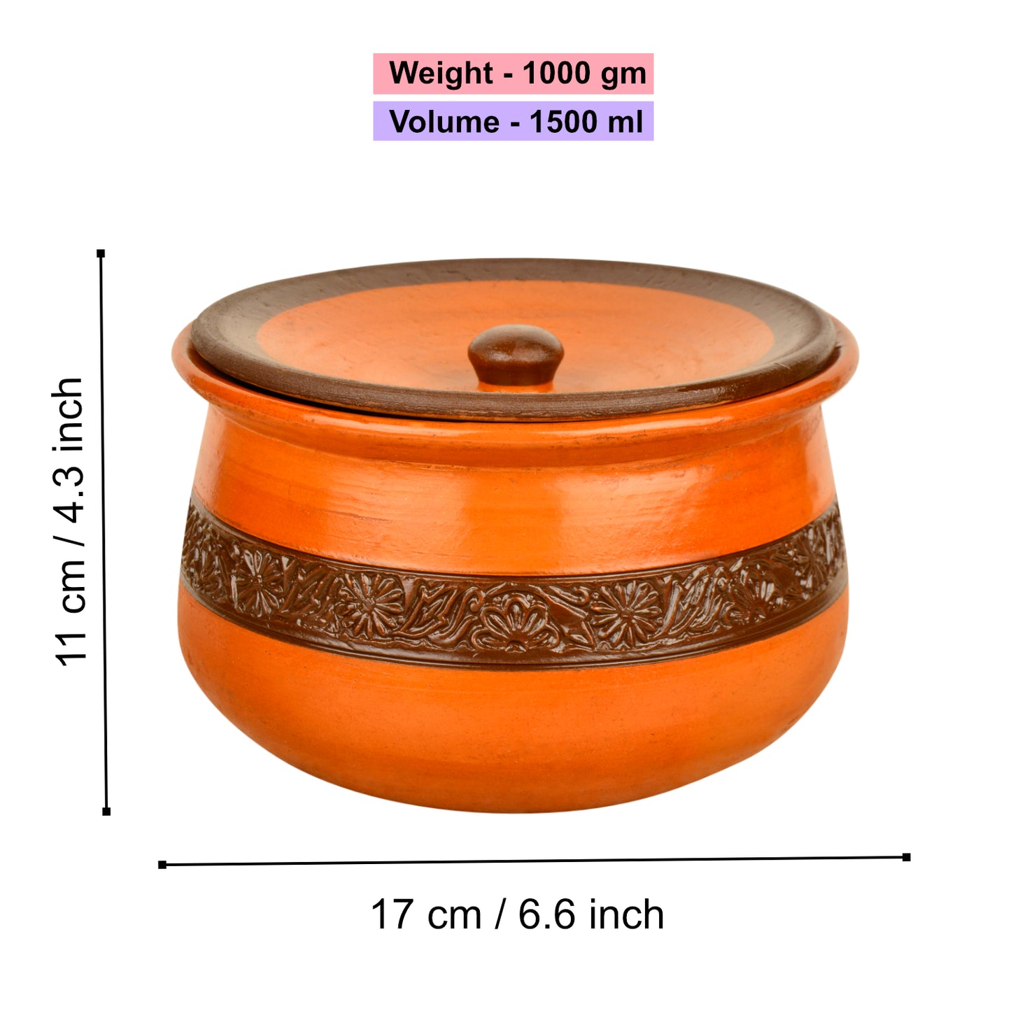 Handcrafted Ornately Designed Earthenware Handi with Lid (Brown, 1.5 Litre)