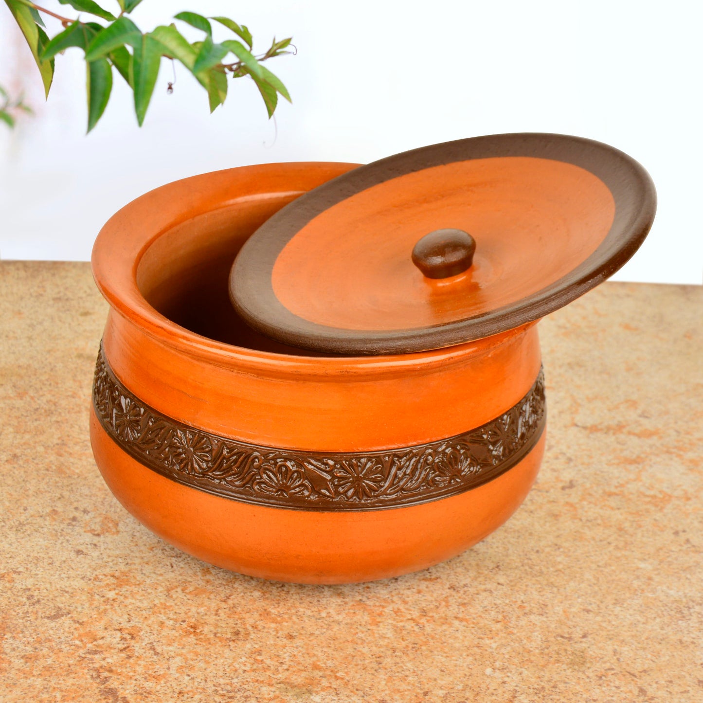 Handcrafted Ornately Designed Earthenware Handi with Lid (Brown, 1.5 Litre)