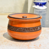 Handcrafted Ornately Designed Earthenware Handi with Lid (Brown, 1.5 Litre)