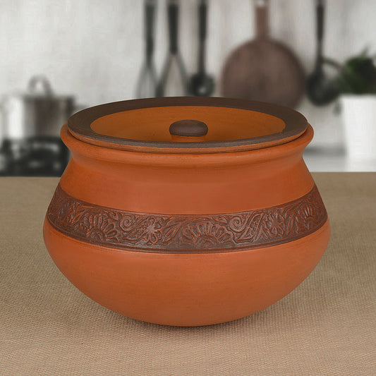 Handcrafted Ornately Designed Earthenware Handi with Lid ( Brown , 1.25 Litre)