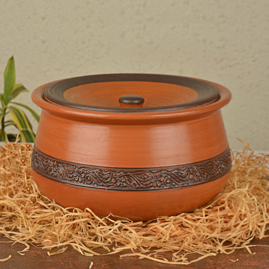 Handcrafted Ornately Designed Earthenware Handi with Lid (Brown, 2 Litre)
