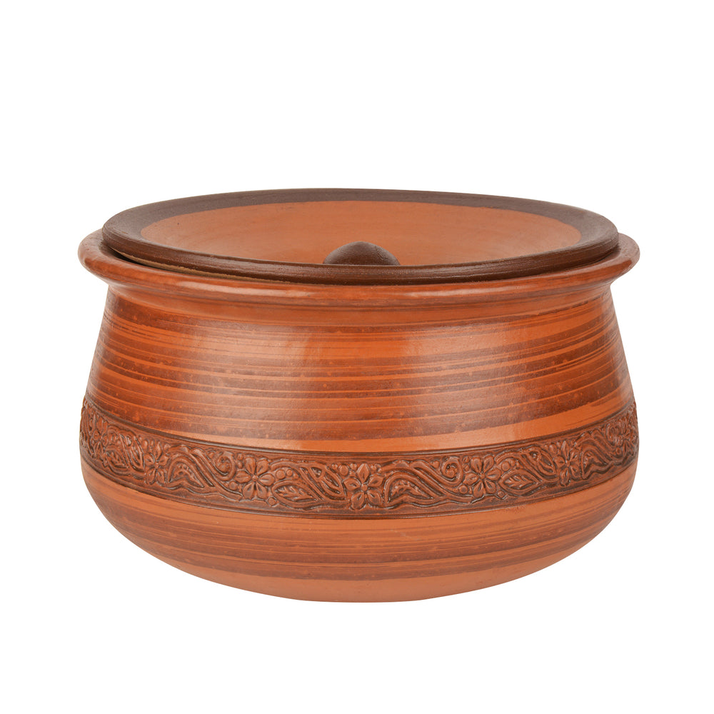 Handcrafted Earthenware Clay Handi / Pot with Lid for Cooking / Serving  ( Brown , 2 Litre)