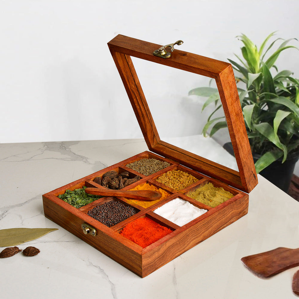 Sheesham Wood Spice Box with Spoon with 9 Fixed Partitions (8 x 8 x 2 inches)