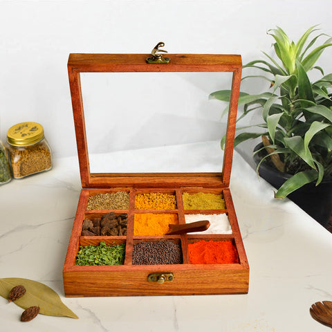 Sheesham Wood Spice Box with Spoon with 9 Fixed Partitions (8 x 8 x 2 inches)