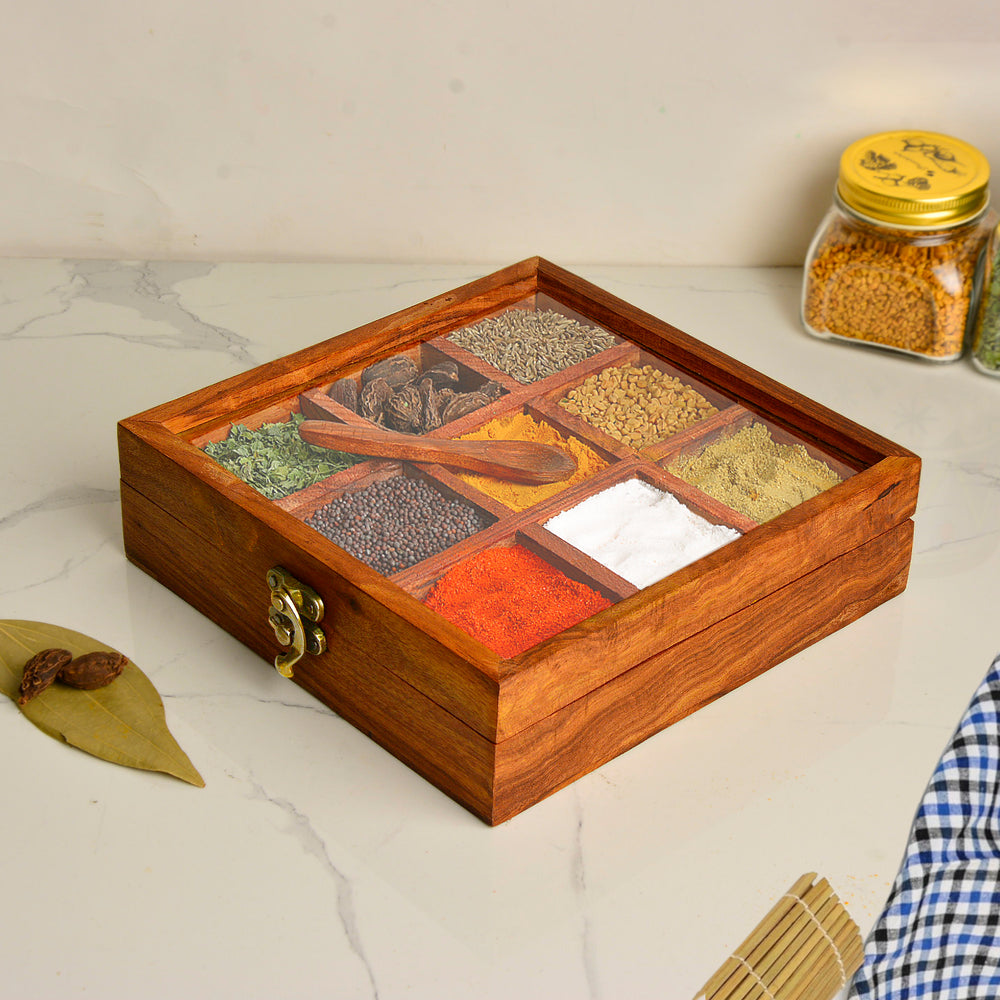 Sheesham Wood Spice Box with Spoon with 9 Fixed Partitions (8 x 8 x 2 inches)