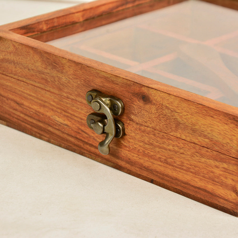 Sheesham Wood Spice Box with Spoon with 9 Fixed Partitions (8 x 8 x 2 inches)