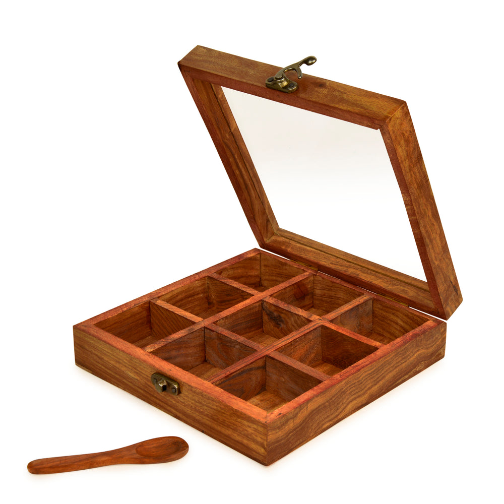 Sheesham Wood Spice Box with Spoon with 9 Fixed Partitions (8 x 8 x 2 inches)