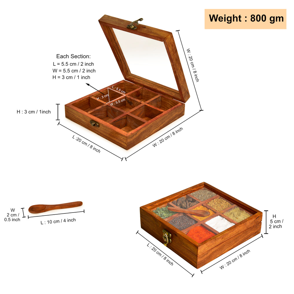 Sheesham Wood Spice Box with Spoon with 9 Fixed Partitions (8 x 8 x 2 inches)