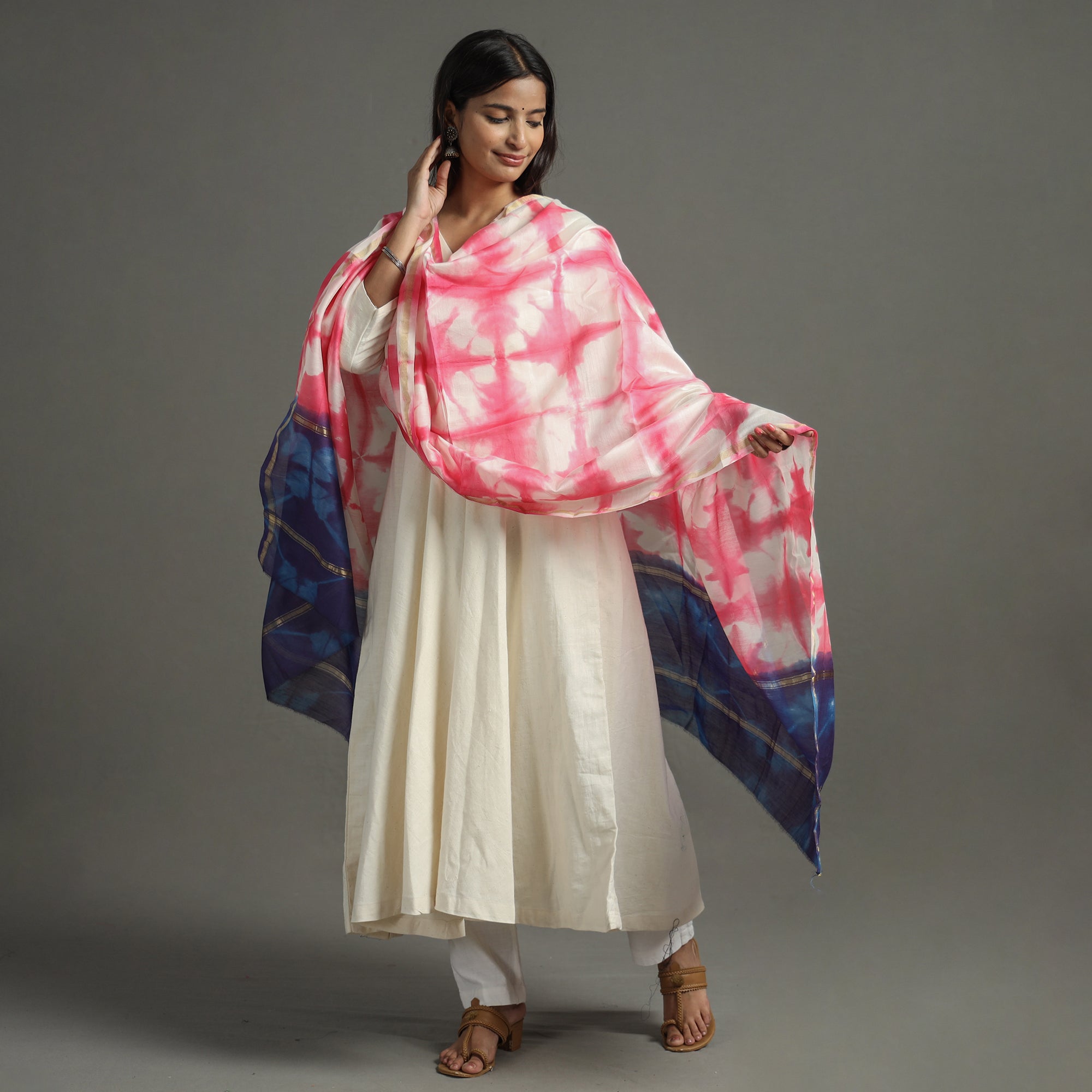 Buy Shibori Tie-Dye Handloom Chanderi Silk Dupatta with Zari Border 76 Online at iTokri.com