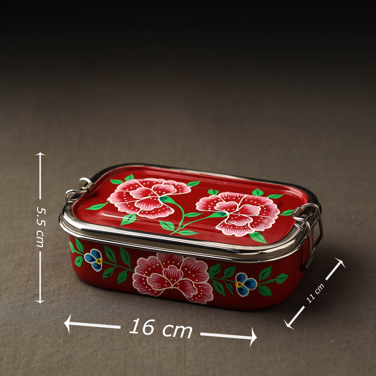 Kashmir Enamelware Floral Handpainted Stainless Steel Rectangle Lunch Box
