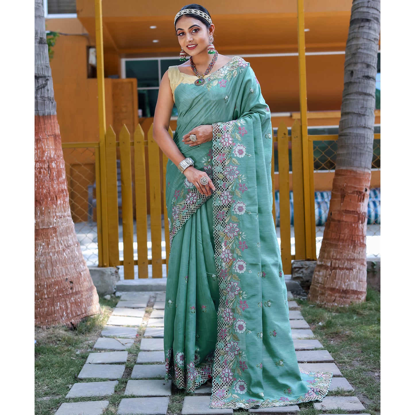 Apeksha Sky Silk Handwork Saree