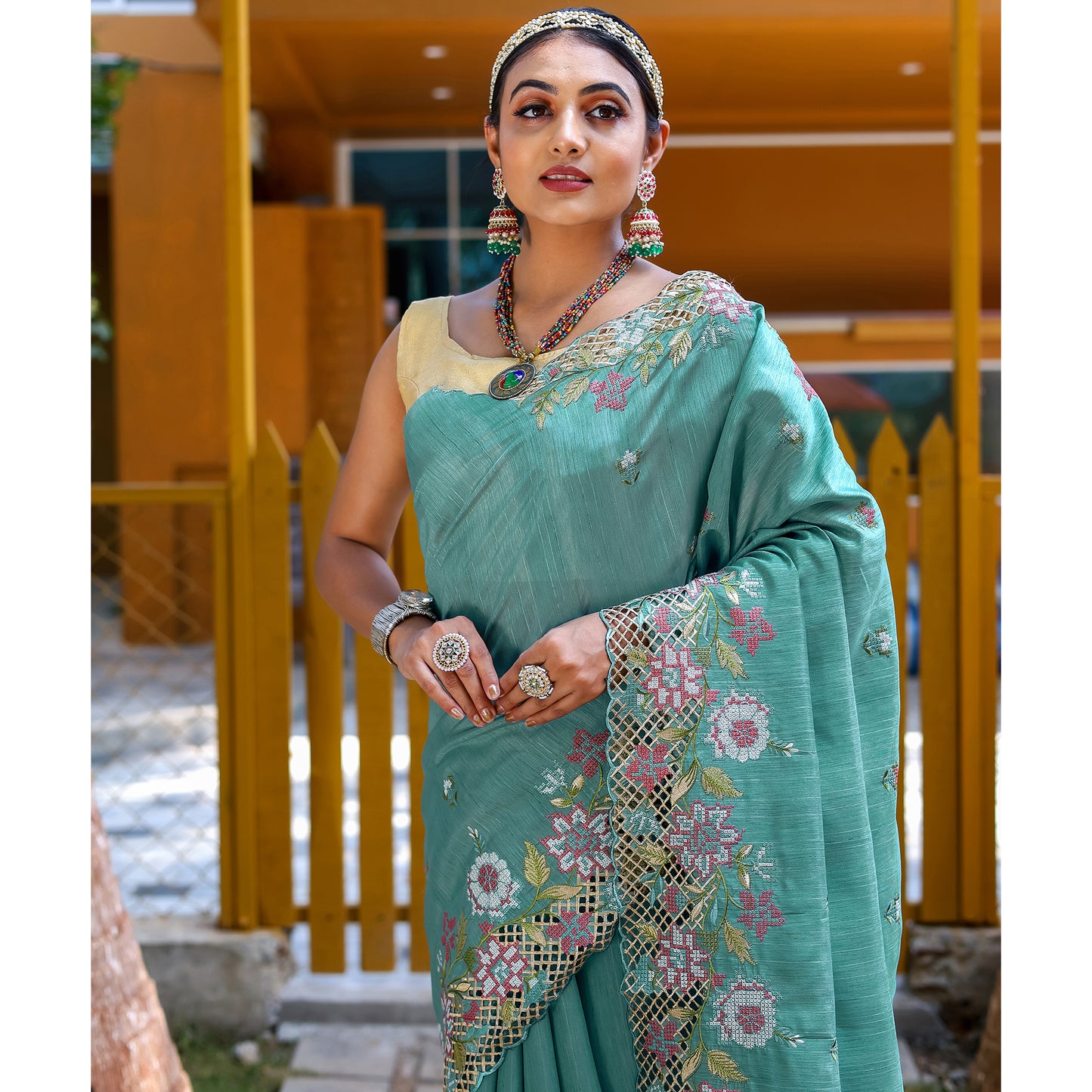 Apeksha Sky Silk Handwork Saree