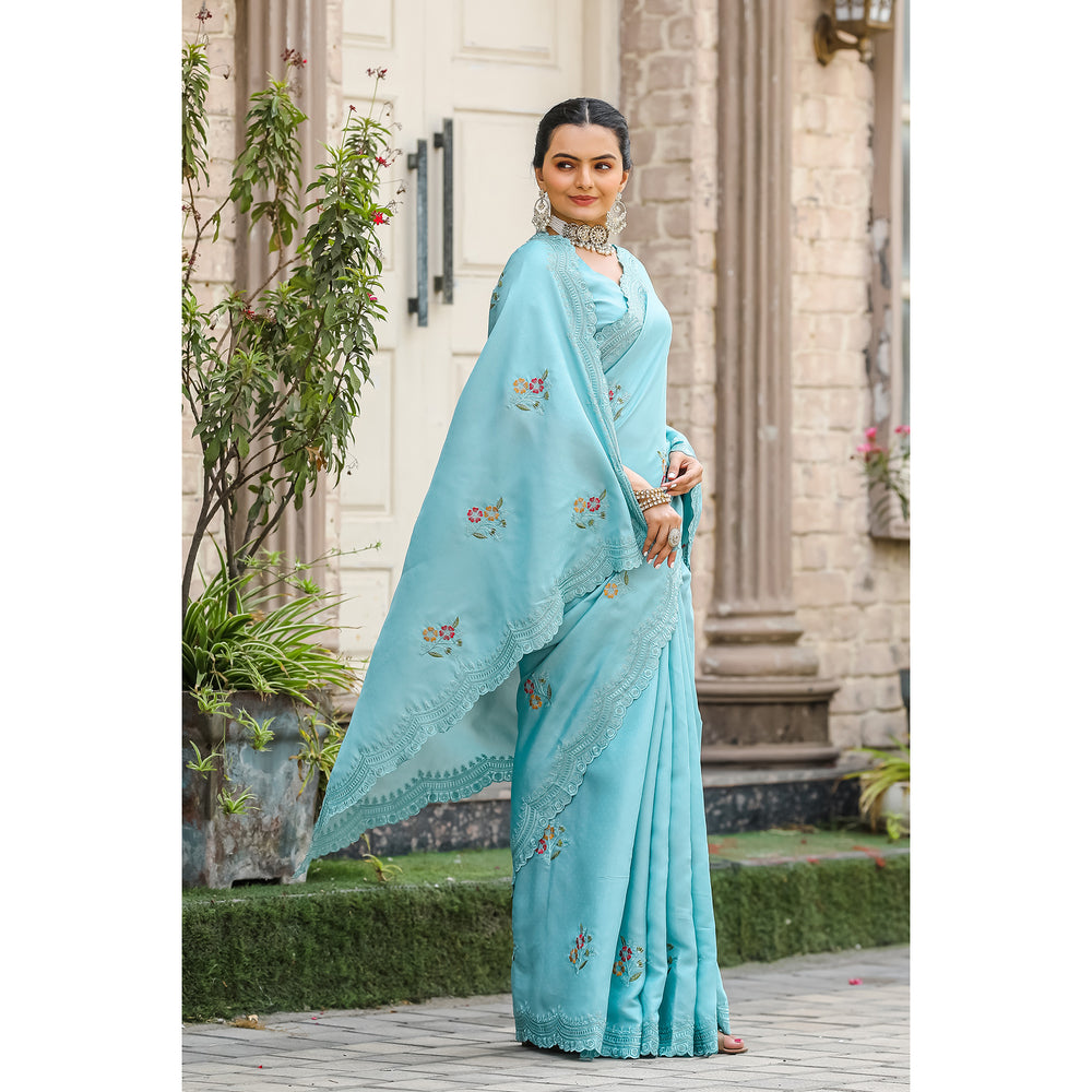 Kiran Sky Tussar Silk Cotton Handwork Saree