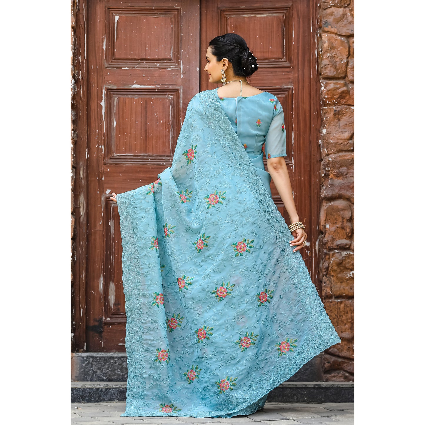 Ankita Sky Chiffon Handwork Saree