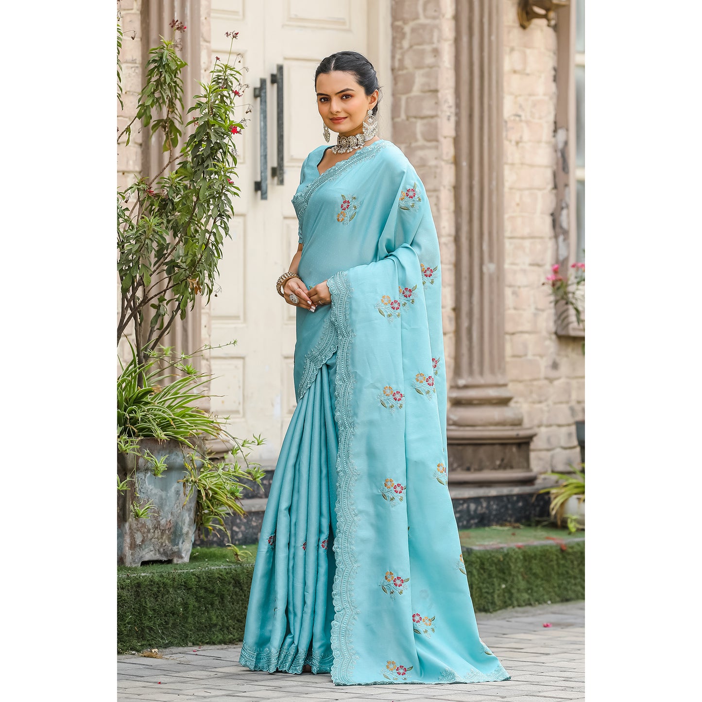 Kiran Sky Tussar Silk Cotton Handwork Saree