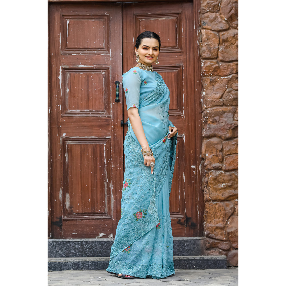 Ankita Sky Chiffon Handwork Saree