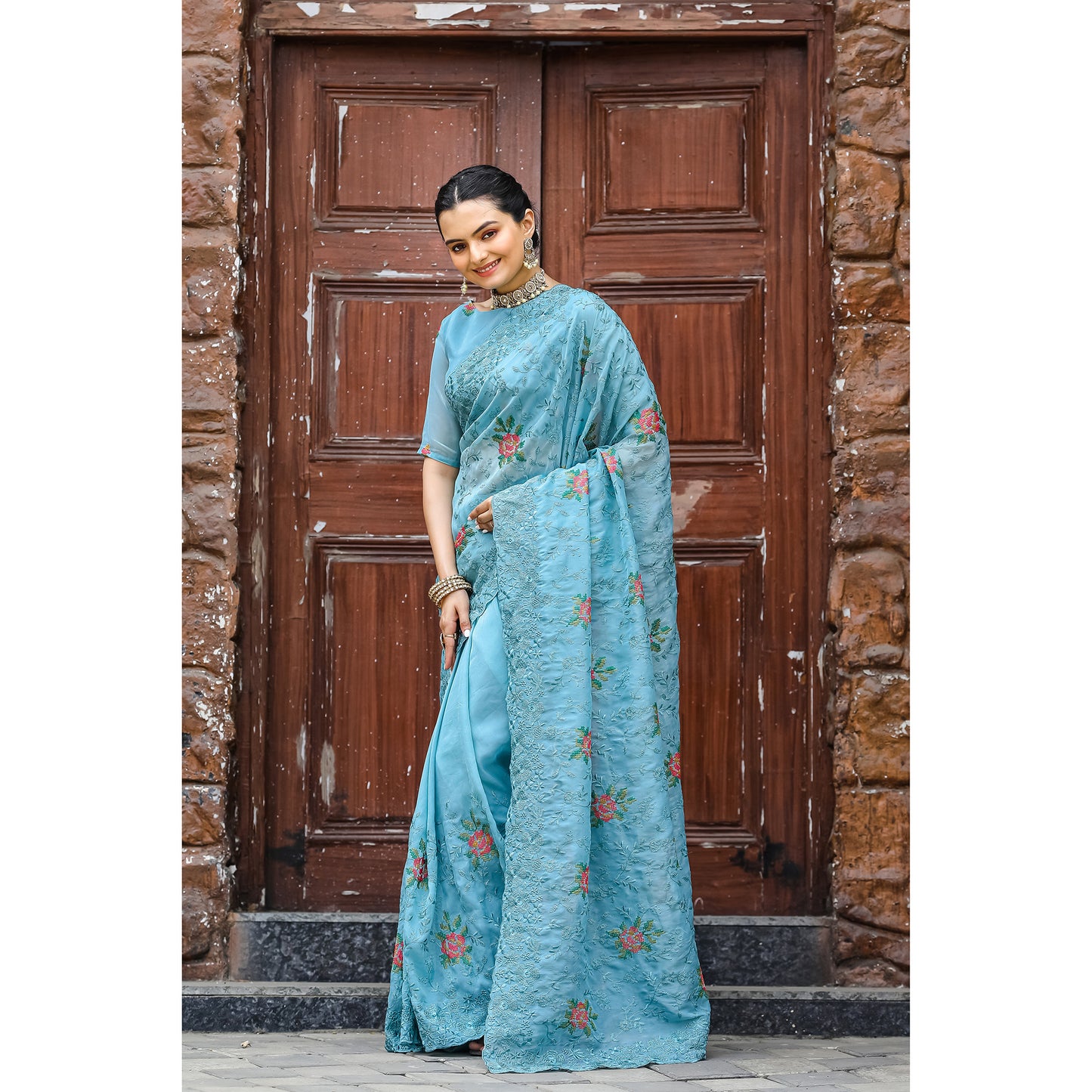 Ankita Sky Chiffon Handwork Saree