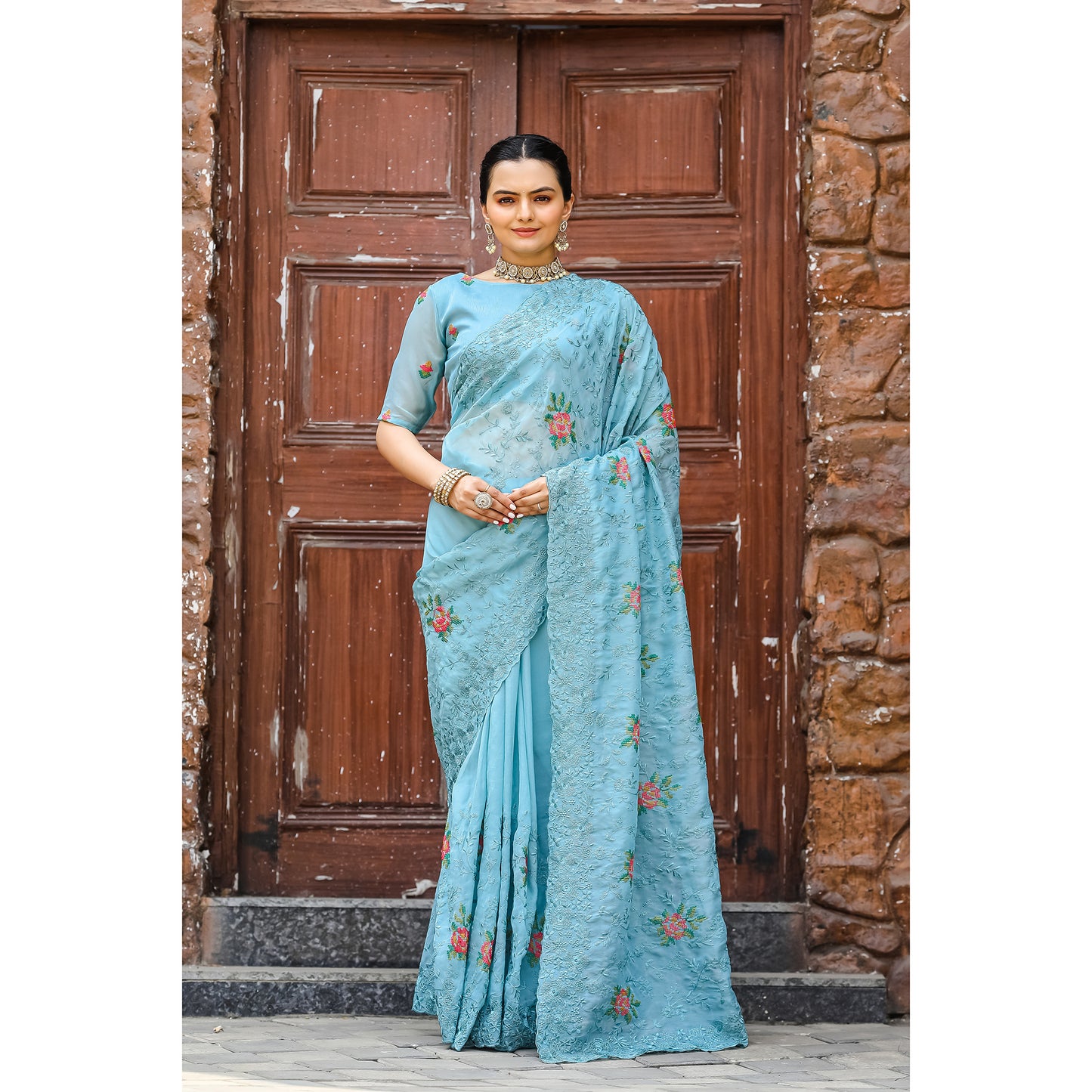 Ankita Sky Chiffon Handwork Saree