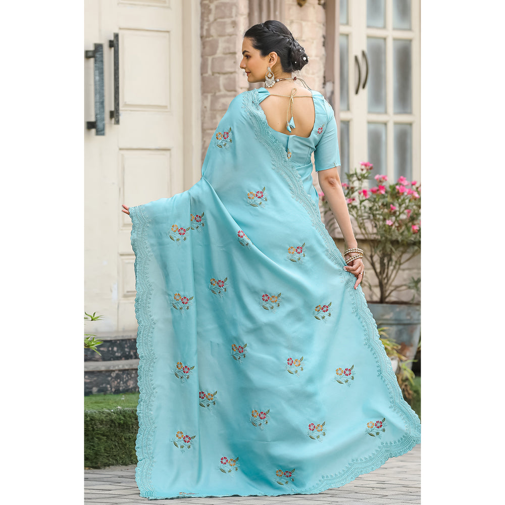 Kiran Sky Tussar Silk Cotton Handwork Saree