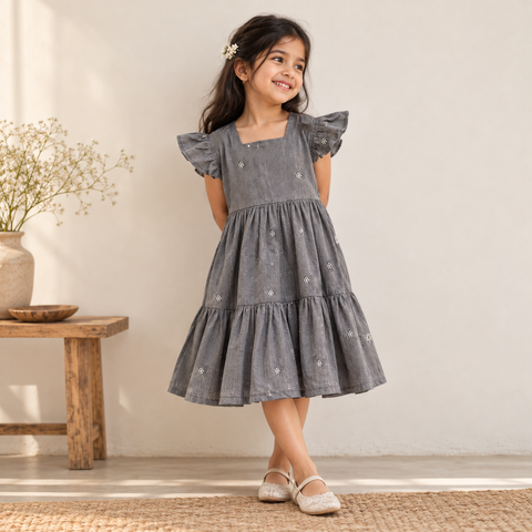 Pure Cotton Girls Tiered Frock Dress in Jacquard Weaving (3-4 Years) 25