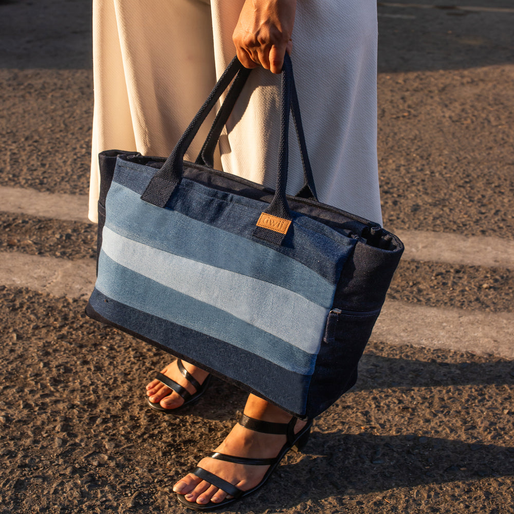 Blue - Upcycled Eco Friendly Denim Jeans Striped Laptop Tote