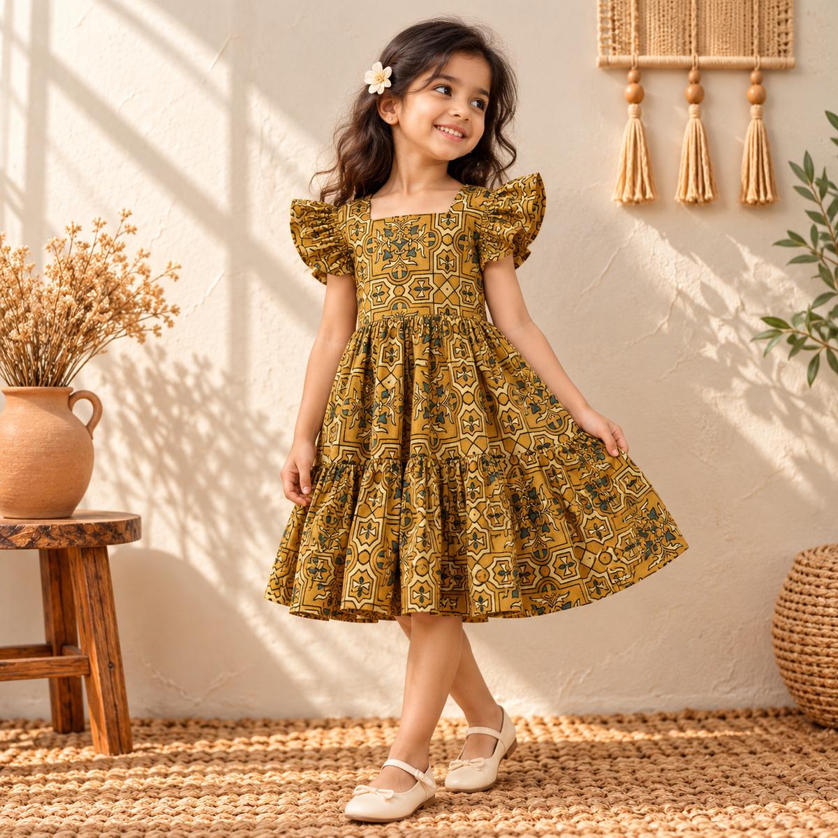 Pure Cotton Girls Tiered Frock Dress in Ajrakh Block Print (3-4 Years) 32