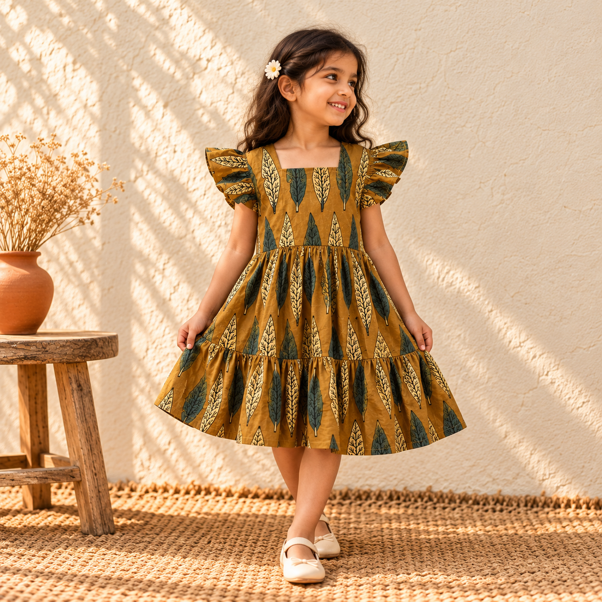Pure Cotton Girls Tiered Frock Dress in Ajrakh Block Print (3-4 Years) 47