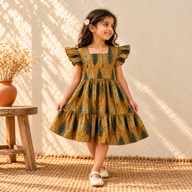 Pure Cotton Girls Tiered Frock Dress in Ajrakh Block Print (3-4 Years) 47