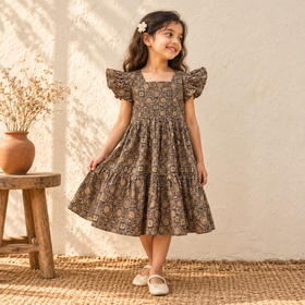 Pure Cotton Girls Tiered Frock Dress in Ajrakh Block Print (3-4 Years) 46