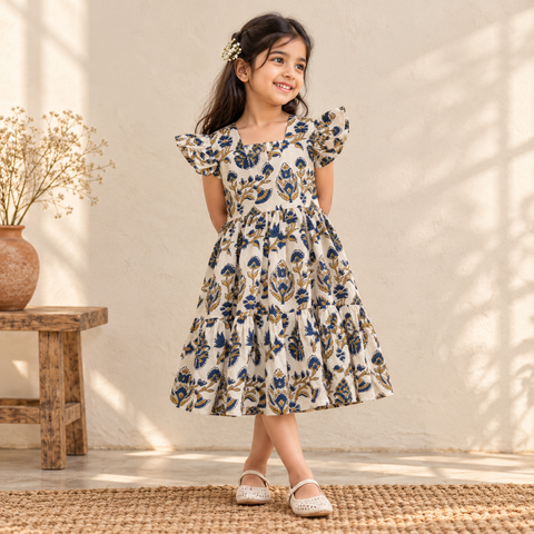 Pure Cotton Girls Tiered Frock Dress in Ajrakh Block Print (3-4 Years) 43