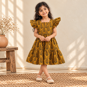 Pure Cotton Girls Tiered Frock Dress in Ajrakh Block Print (3-4 Years) 48