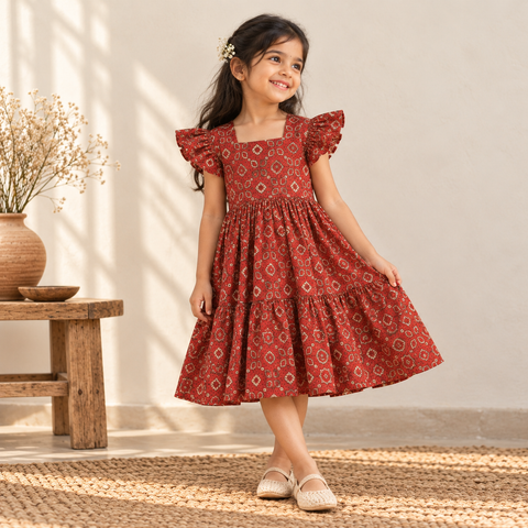 Pure Cotton Girls Tiered Frock Dress in Ajrakh Block Print (3-4 Years) 33