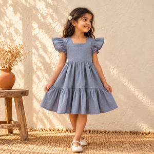 Running Stitch Plain Pure Cotton Girls Tiered Frock Dress (3-4 Years) 49