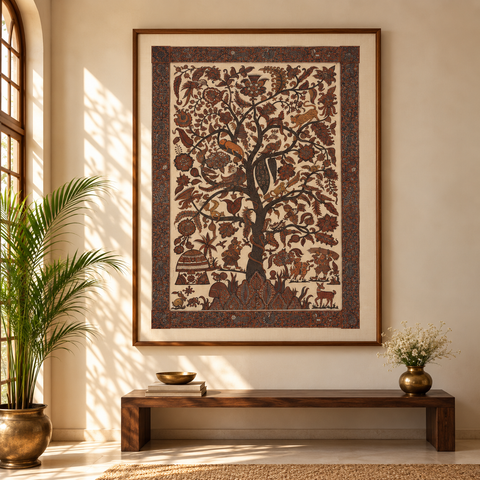 Brown - Kalamkari Art Wall Hanging with Tree of life Motif by Pitchuka Srinivas (72 x 60 in) 05