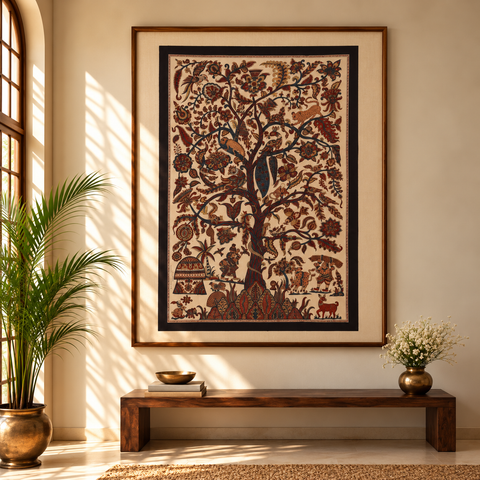 Brown - Kalamkari Art Wall Hanging with Tree of life Motif by Pitchuka Srinivas (72 x 60 in) 01