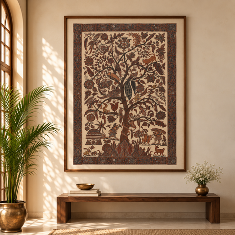 Brown - Kalamkari Art Wall Hanging with Tree of life Motif by Pitchuka Srinivas (72 x 60 in) 02