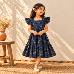Pure Cotton Girls Tiered Frock Dress in Ajrakh Block Print (3-4 Years) 41