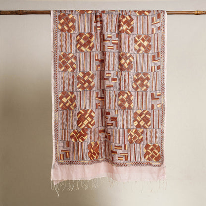Peach - Bengal Kantha Embroidery Tussar Silk Cotton Handloom Dupatta with Tassels 18