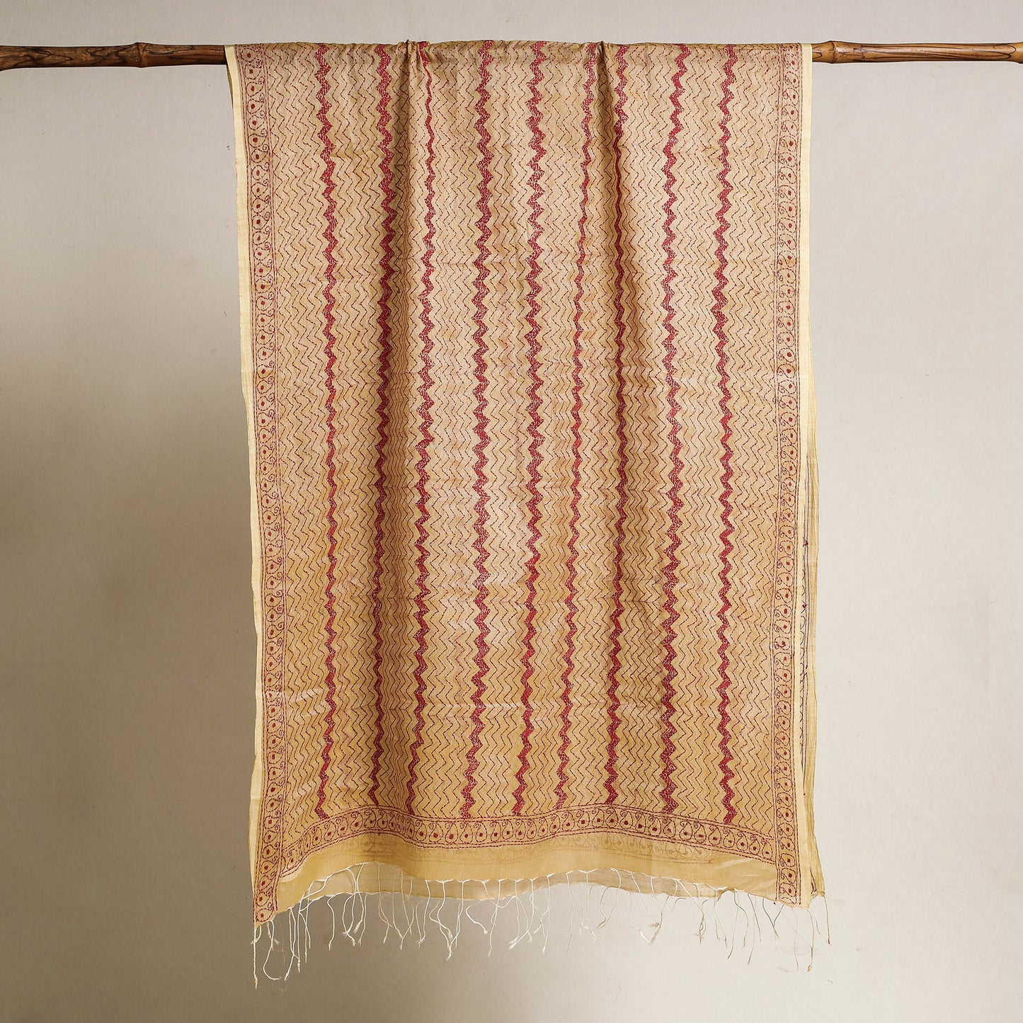 Beige - Bengal Kantha Embroidery Tussar Silk Cotton Handloom Dupatta with Tassels 23