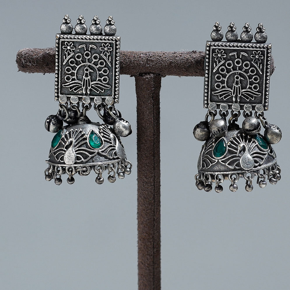 Antique Silver Finish Oxidised Brass Base Stone Work Jhumka Earrings