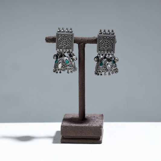Antique Silver Finish Oxidised Brass Base Stone Work Jhumka Earrings