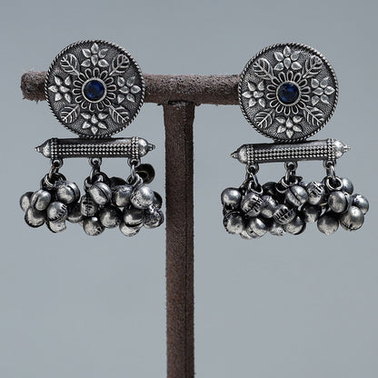 Antique Silver Finish Oxidised Brass Base Stone Work Earrings