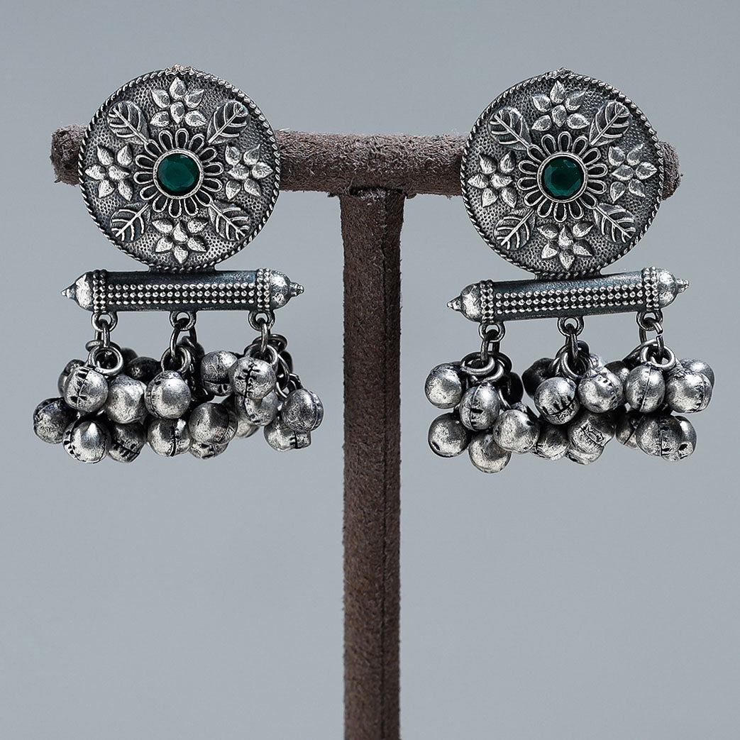 Antique Silver Finish Oxidised Brass Base Stone Work Earrings