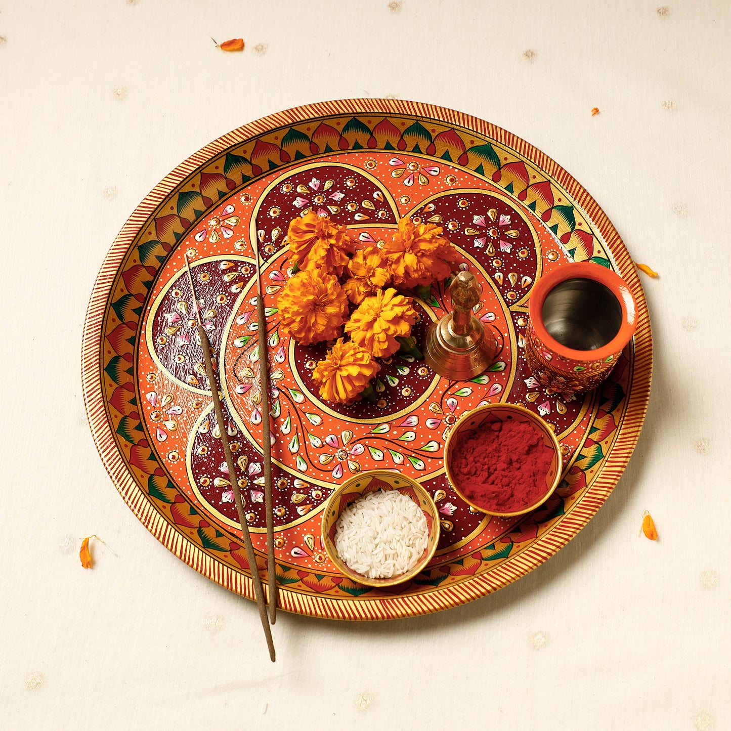 Decorative Meenakari Work Stainless Steel Pooja Thali with 1 Kalash & 2 Bowls
