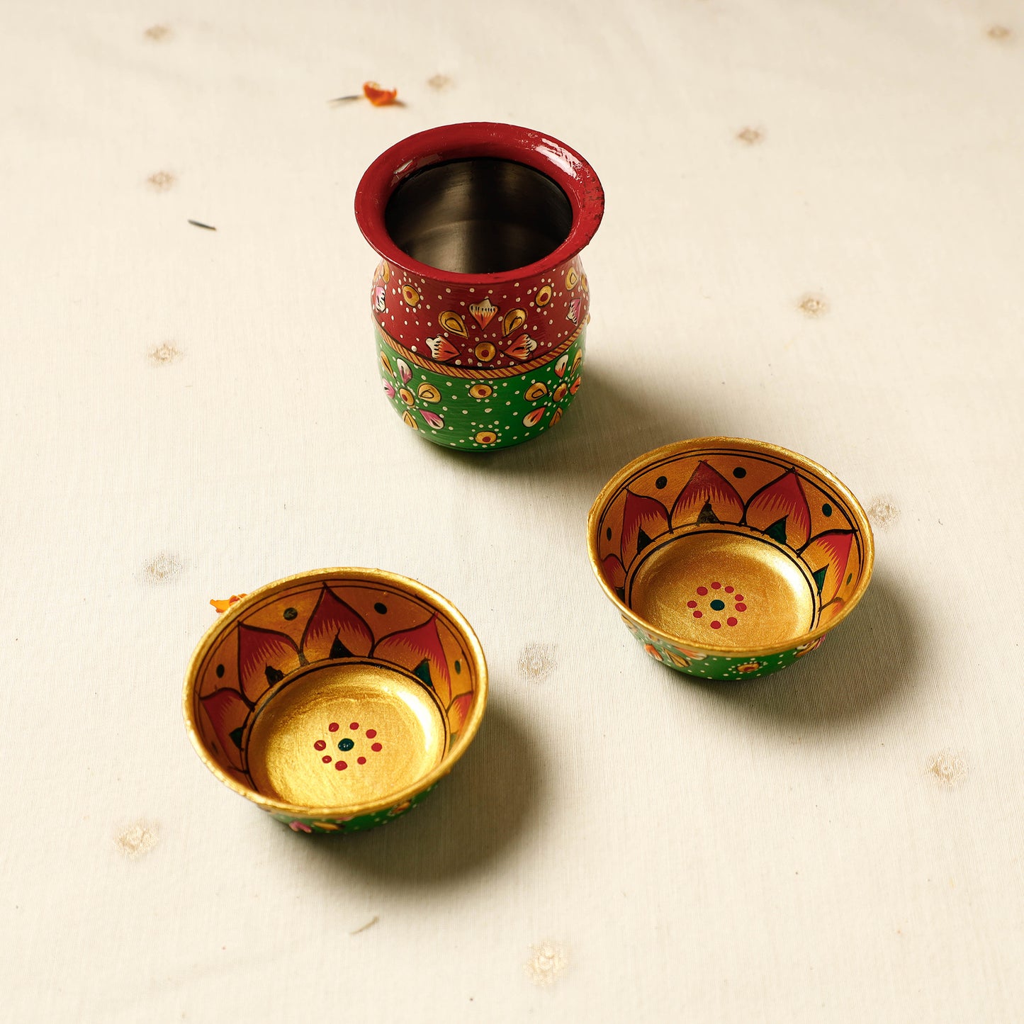 Decorative Meenakari Work Stainless Steel Pooja Thali with 1 Kalash & 2 Bowls